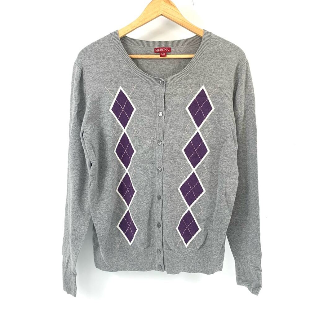 Gray Button Up Argyle Cardigan Sweater